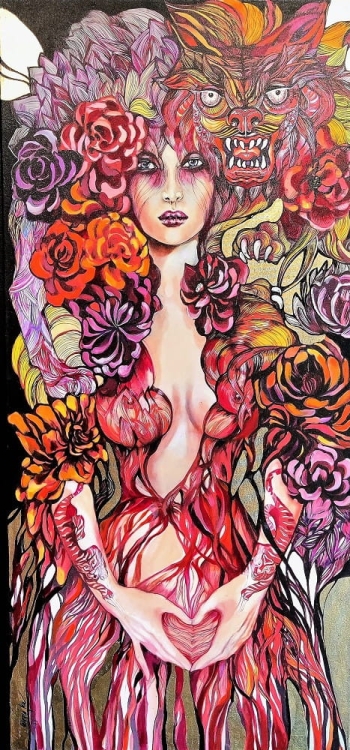 Czerwona Tygrysica, 70x150 cm, technika mieszana, Maggie Piu, oświetlenie 2.jpg