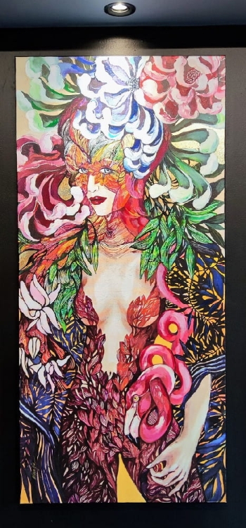 Rózowa Flaminga, 70x150 cm, technika mieszana, Maggie Piu, black wall 2.jpg