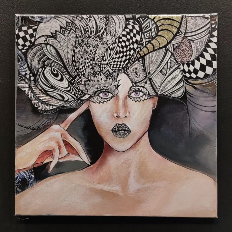 Pożegnanie Aleksandra - Słucham, 45x45 cm, technika mieszana, black wall.jpg
