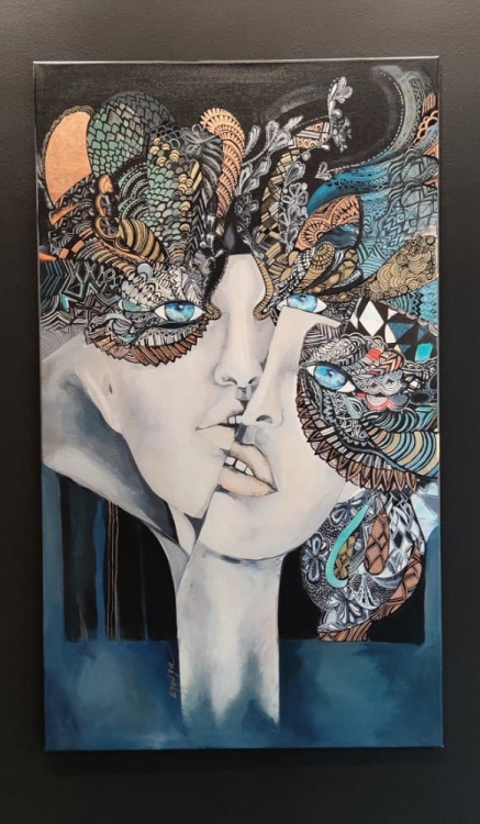 Mistrz i Małgorzata, 70x120 cm, technika mieszana, Maggie Piu, black wall.jpg