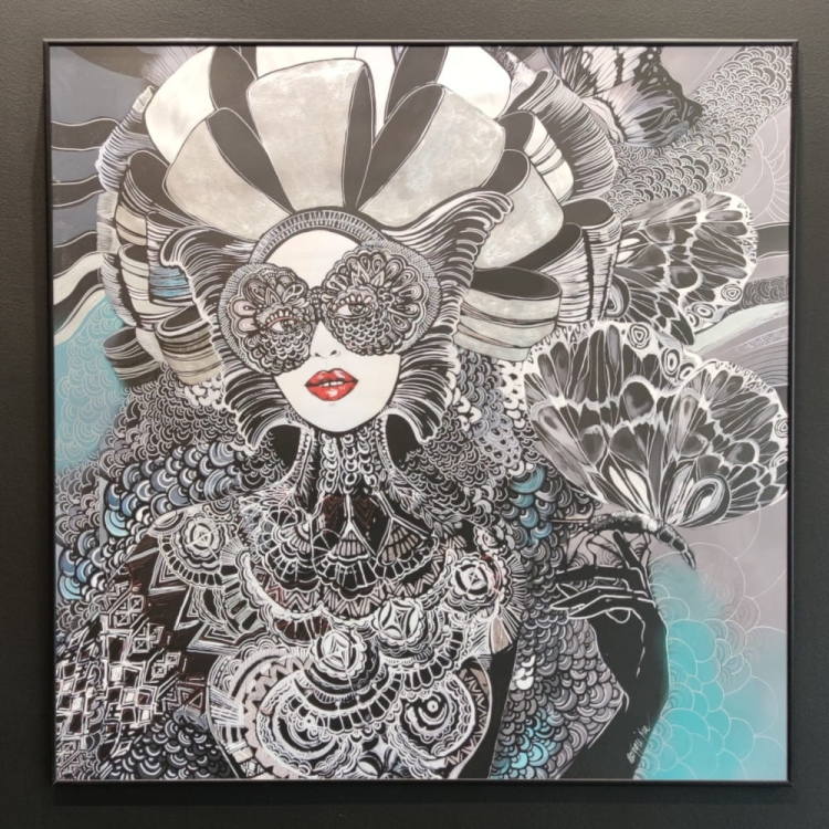 Geisha z motylem zdobiona, 100x100 cm, black alu frame, antyrefleks.jpg