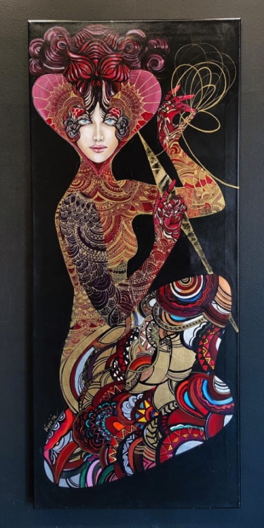 Kloto, 60x140 cm, akryl na płótnie, z cyklu Mojry, Maggie Piu, black wall.jpg