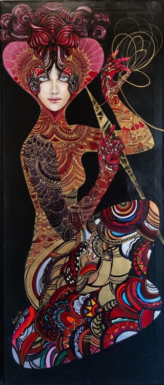 Kloto, obraz Maggie Piu z cyklu Mojry, 60x140 cm, akryl na płótnie, 2023.jpg