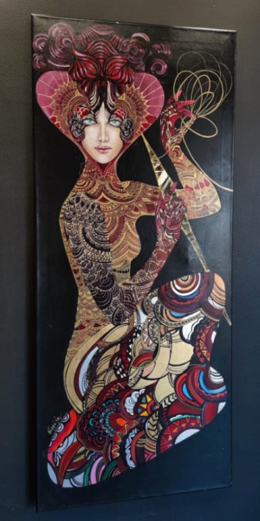 Kloto, 60x140 cm, akryl na płótnie, z cyklu Mojry, Maggie Piu, black wall, left side.jpg