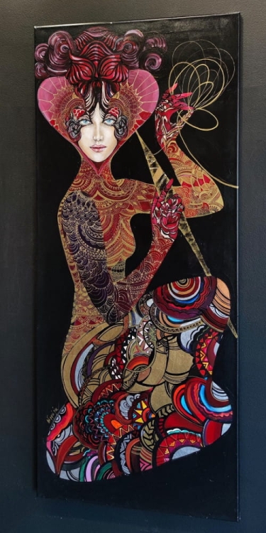 Kloto, 60x140 cm, akryl na płótnie, z cyklu Mojry, Maggie Piu, black wall, right side.jpg