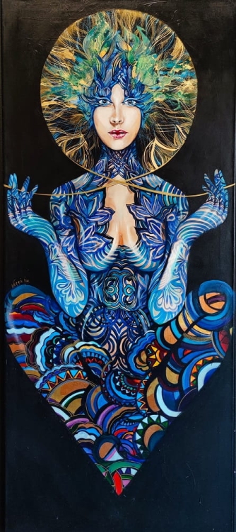 Lachesis, obraz Maggie Piu z cyklu Mojry, 60x140 cm, akryl na płótnie, 2023.jpg