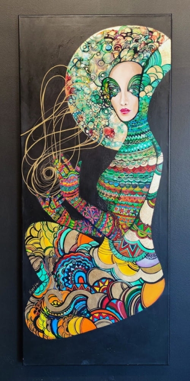 Atropos, obraz Maggie Piu z cyklu Mojry, 60x140 cm, akryl na płótnie, black wall.jpg