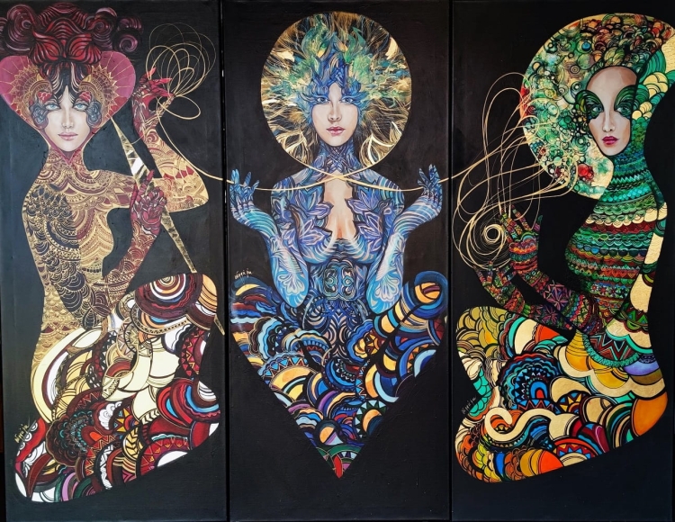 3 Mojry, Kloto, Lachesis, Atropos, 3 x 60na140 cm, akryl na płótnie, Maggie Piu - Czas Miszungów 2023.jpg