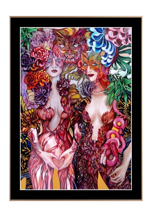 Tygrysica-i-Flamingo-ramka-zlota, czarne-passe-partout