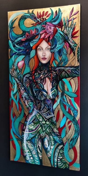 Zagubione Jajo Feniksa, 70x150 cm, akryl na płótnie, Maggie Piu, black wall, right side.jpg