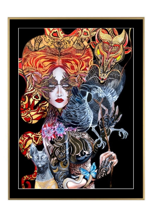 Geisha Karasu II, 50x70 cm, czarne passe-partout 5 cm, rama złota 60x80 cm.jpg