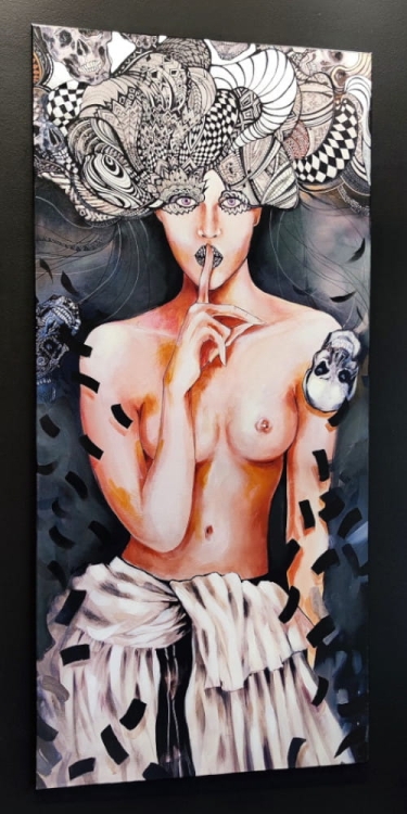 Pożegnanie Aleksandra, 70x150 cm, technika mieszana, black wall in the gallery, left perspective.jpg