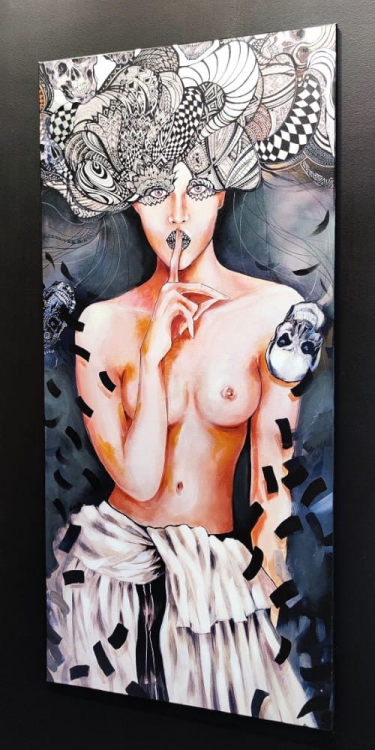 Pożegnanie Aleksandra, 70x150 cm, technika mieszana, black wall in the gallery, right perspective.jpg