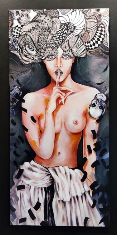 Pożegnanie Aleksandra, 70x150 cm, technika mieszana, black wall in the gallery.jpg