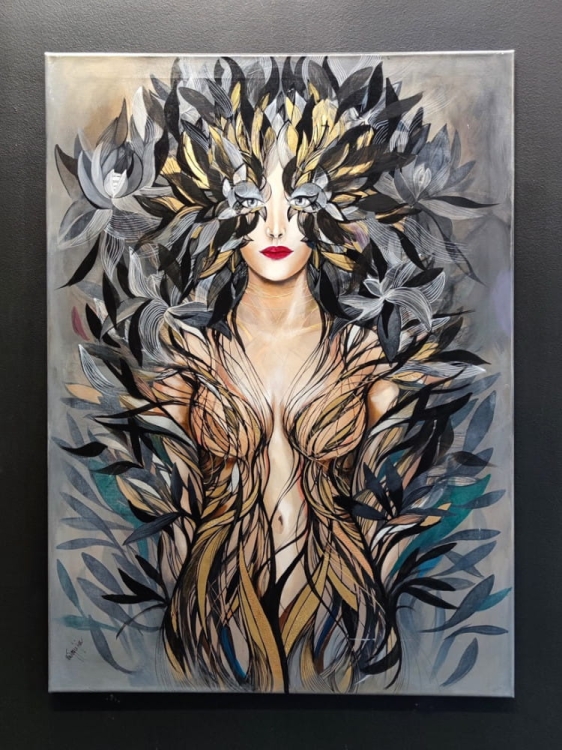 Złoto Priama, 80x110 cm, akryl na płótnie, Maggie Piu, black wall.jpg