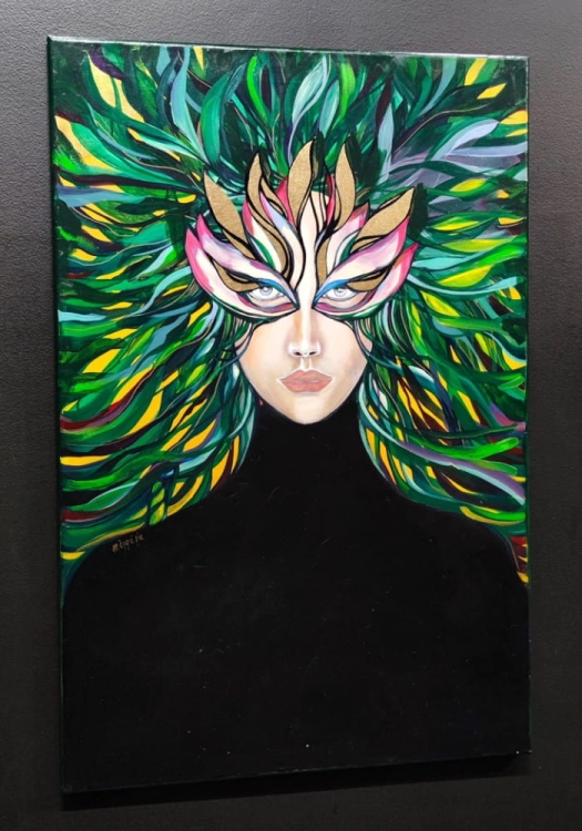 Lady BF, 60x90 cm, akryl na płótnie, Maggie Piu, black wall., left perspective.jpg