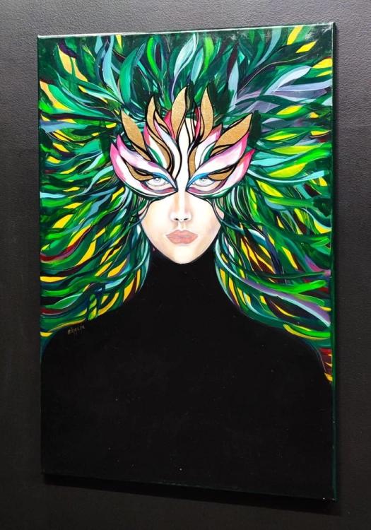 Lady BF, 60x90 cm, akryl na płótnie, Maggie Piu, black wall., right perspective.jpg