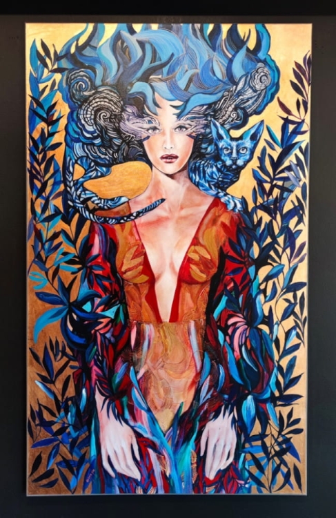 Aoi Neko, 90x150 cm, technika mieszana, Maggie Piu, black wall in the gallery.jpg