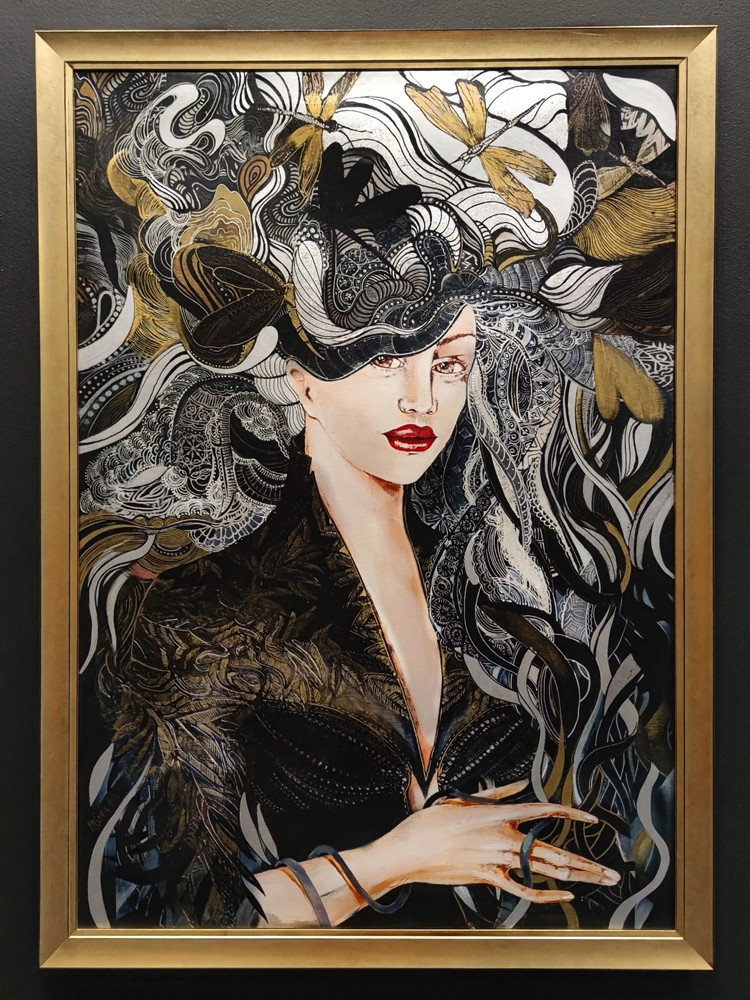 Igły Aleksandra, 70x100 cm, technika mieszana, złota rama, black wall