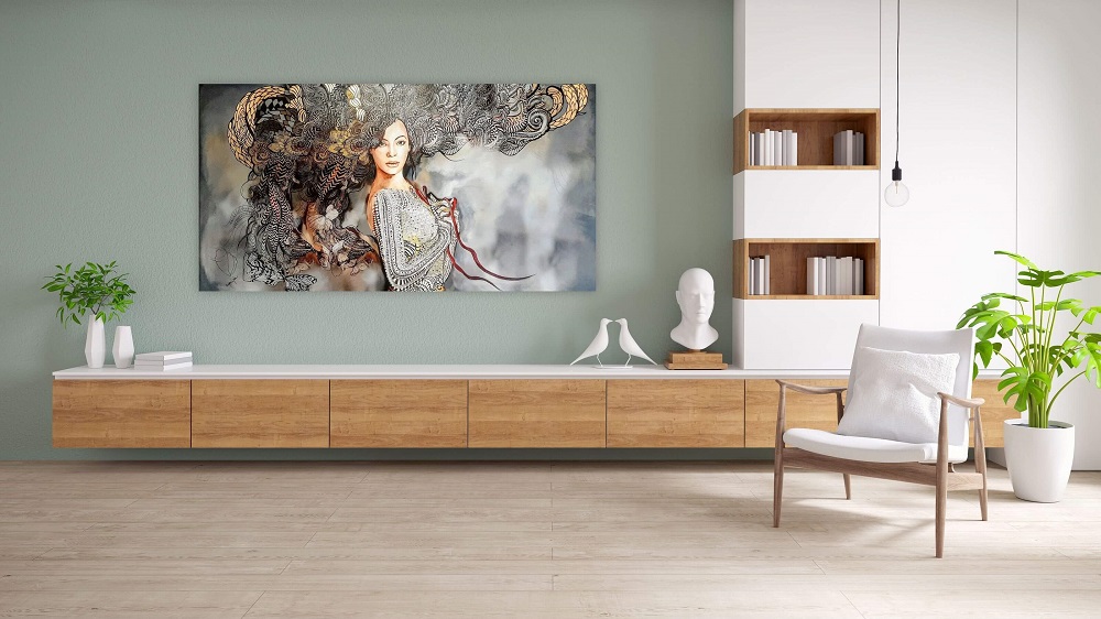 Madame Buterfly, 150x80 cm, obraz Maggie Piu, walnut and concrete