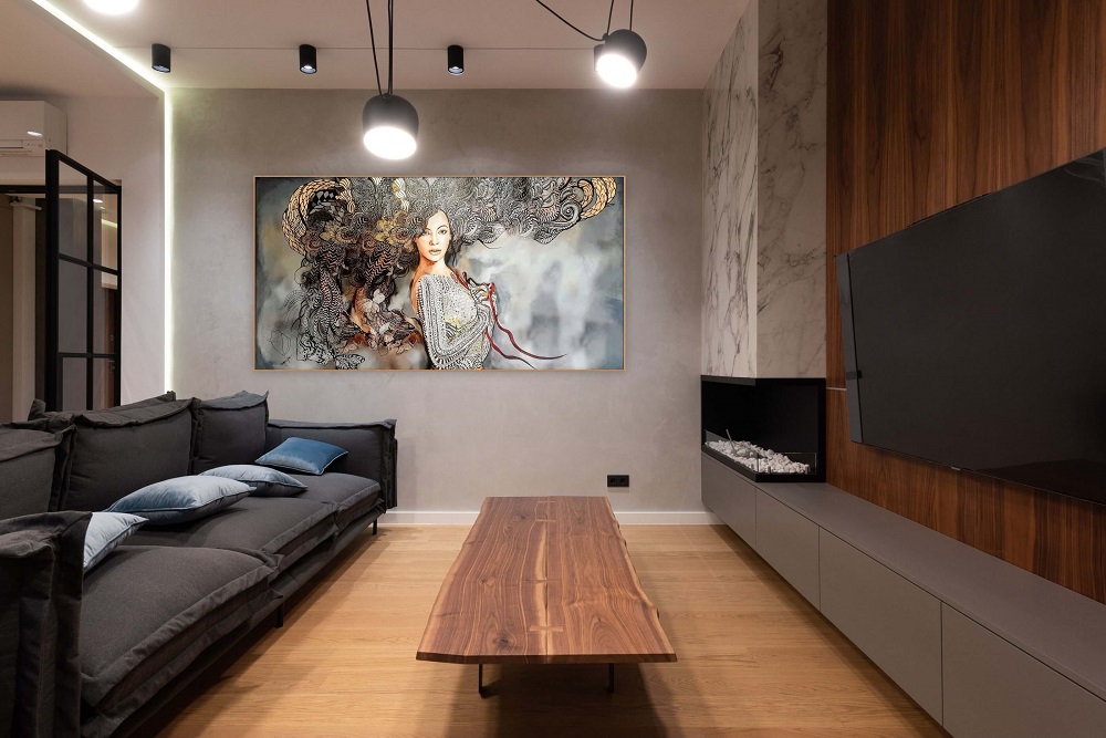 Madame Buterfly, 150x80 cm, obraz Maggie Piu, walnut and concrete