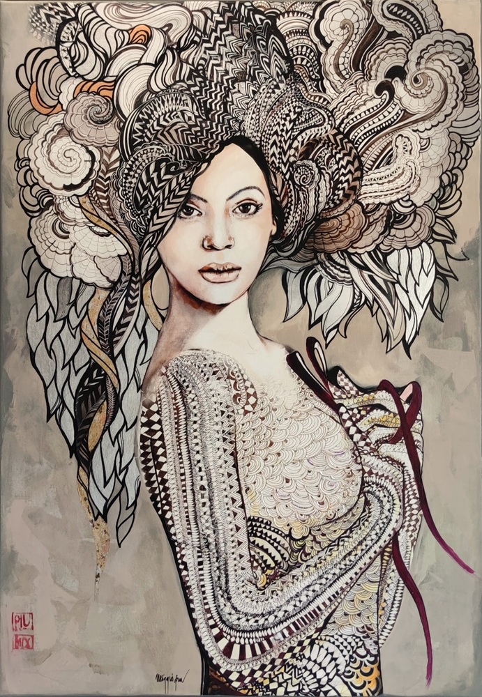 Madame Butterfly Taupe, 70x100 cm, technika mieszana, Maggie Piu