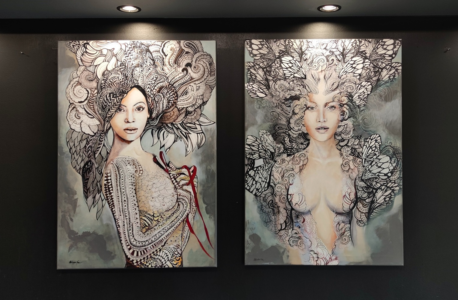 Madame Butterfly i Freewolna Carmen Czuje Miętę, 70x100 cm, technika mieszana, Maggie Piu