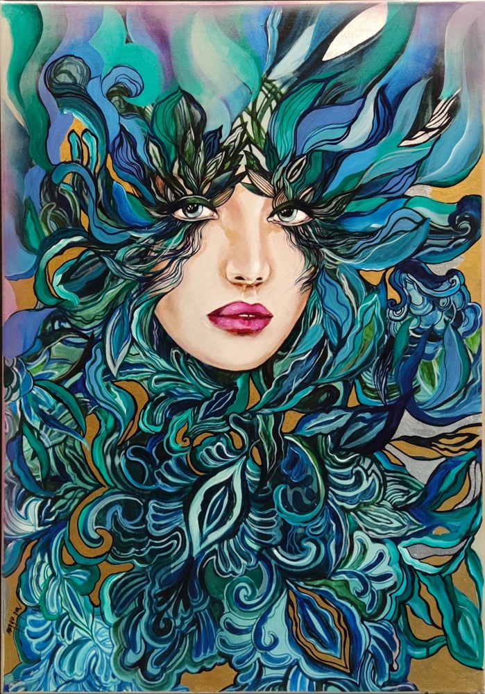 Malachitowa Medusa Mayo, 70x100 cm, technika mieszana, MAggie Piu